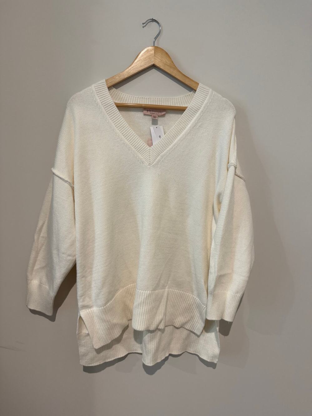 NWT philosophy Cream White Drop Shoulder Ribbed V-Neck Sweater 1X Academia Fall